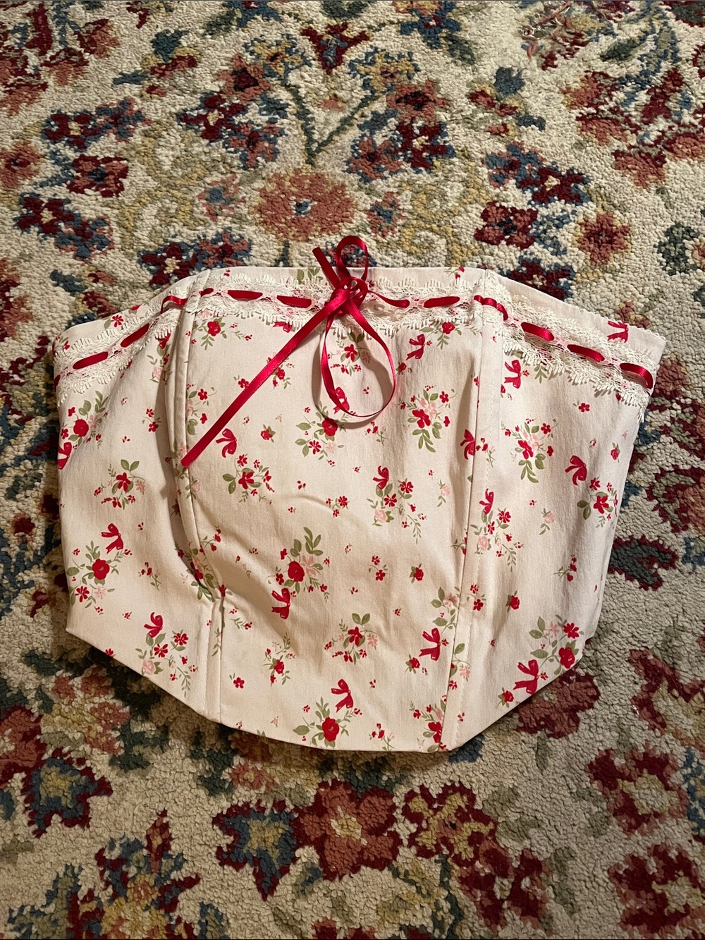 Floral Ribbon-Trim Corset Top
